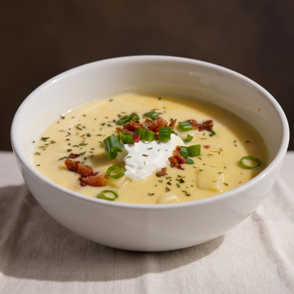 Creamy potato soup topped with sour cream, bacon, chopped green onions, and herbs in a white bowl.