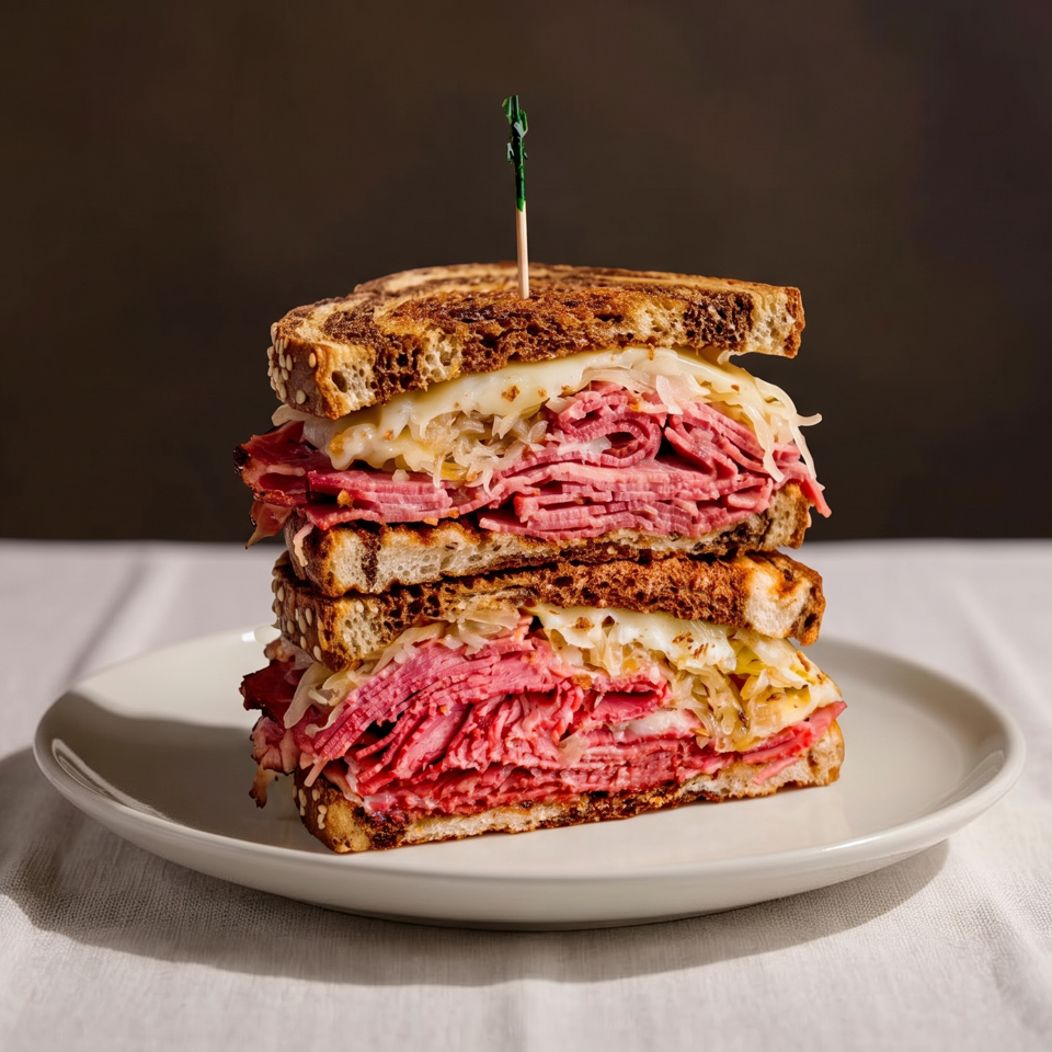 Stacked corned beef sandwiches with melted cheese and sauerkraut on toasted seeded bread, served on a white plate.