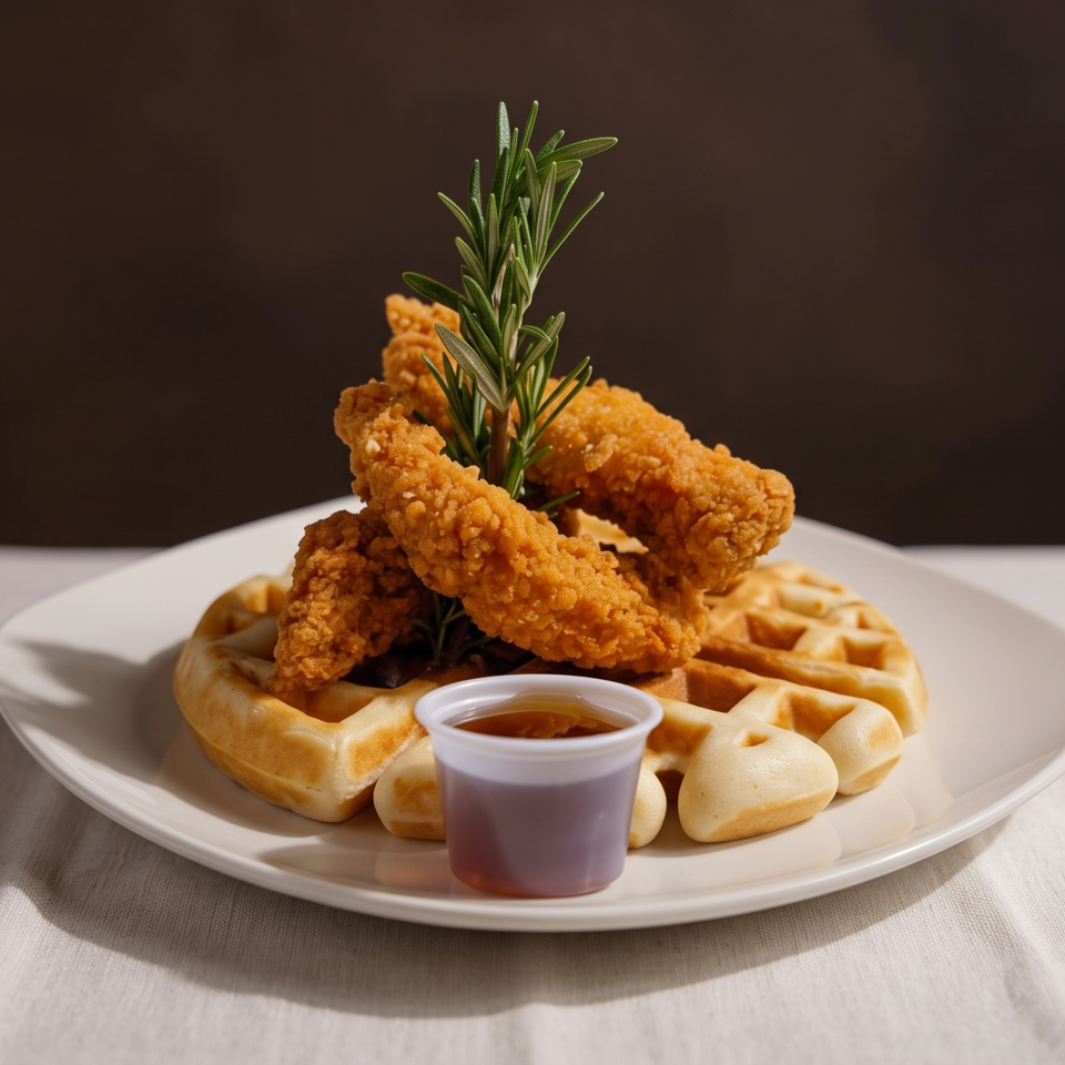 Crispy fried chicken tenders arranged over golden waffles with rosemary garnish and a small cup of dipping sauce.