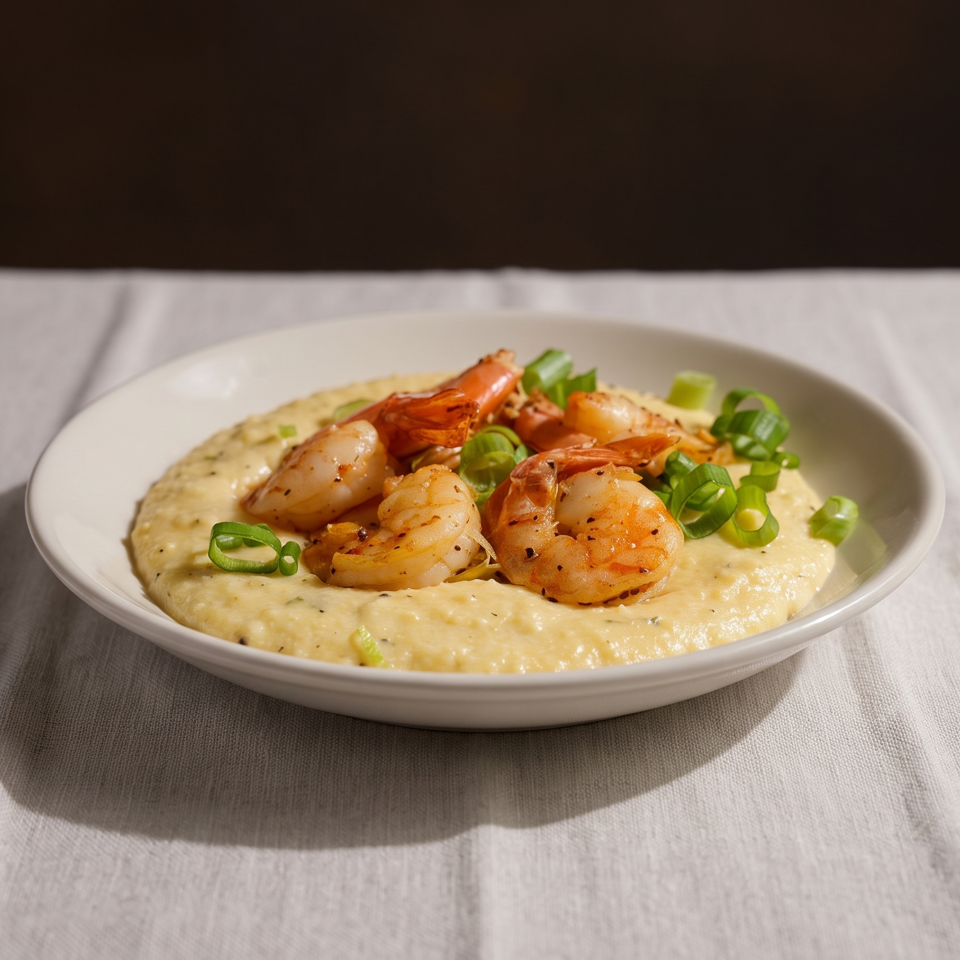 Sautéed shrimp with green onions served over creamy seasoned grits in a white bowl.