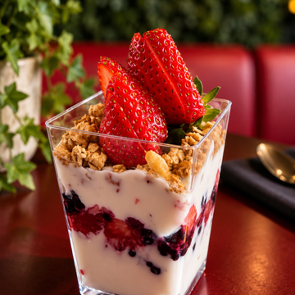 Strawberry and berry yogurt parfait topped with granola in a square glass, set on a restaurant table.