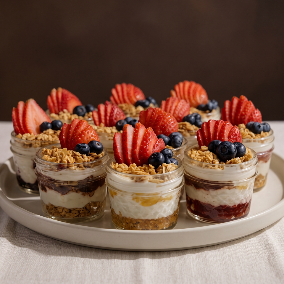 Glass jars of layered yogurt, granola, strawberries, and blueberries arranged on a serving platter.