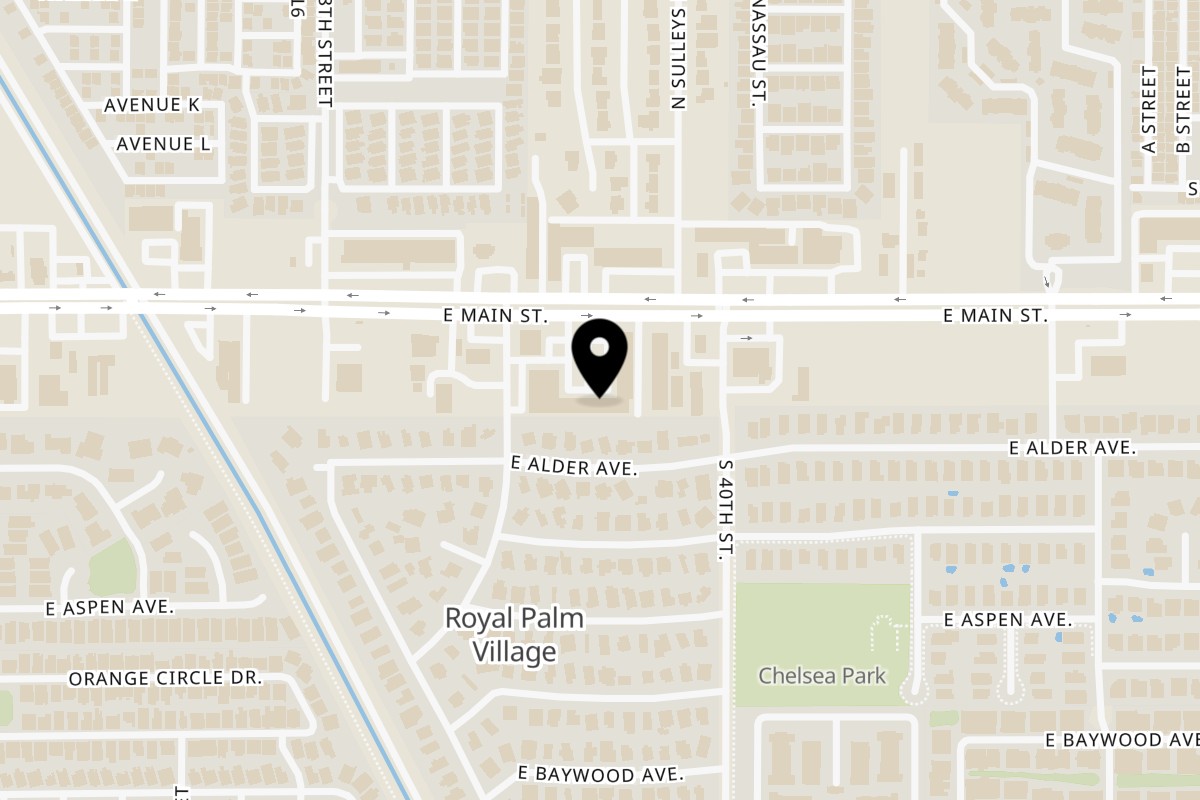 Map showing the location of Jamaris' Kitchen on 3929 E Main St #16 in Mesa